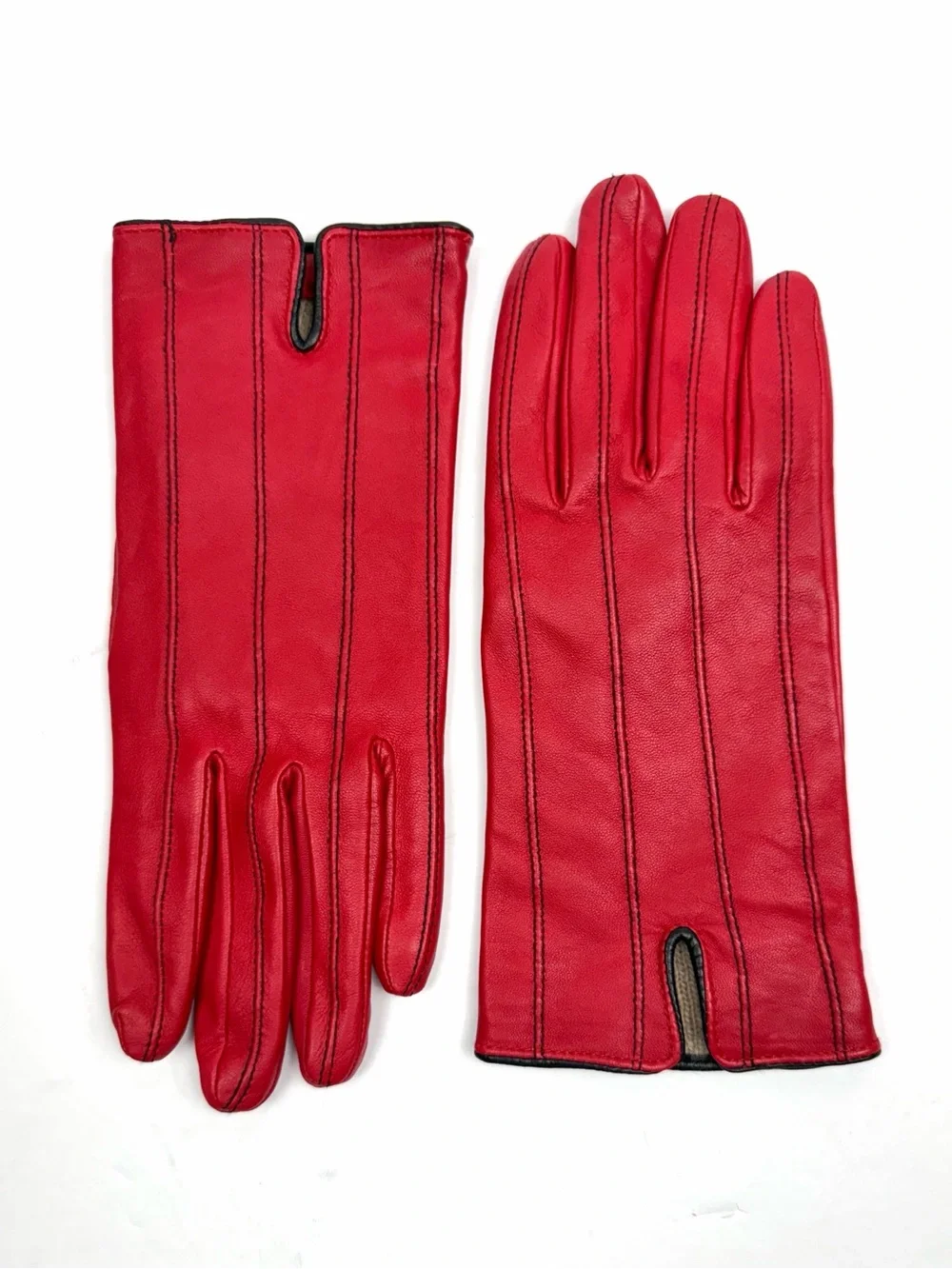 CAROLE LITTLE Red Leather Gloves Cashmere Lining Women's size 8